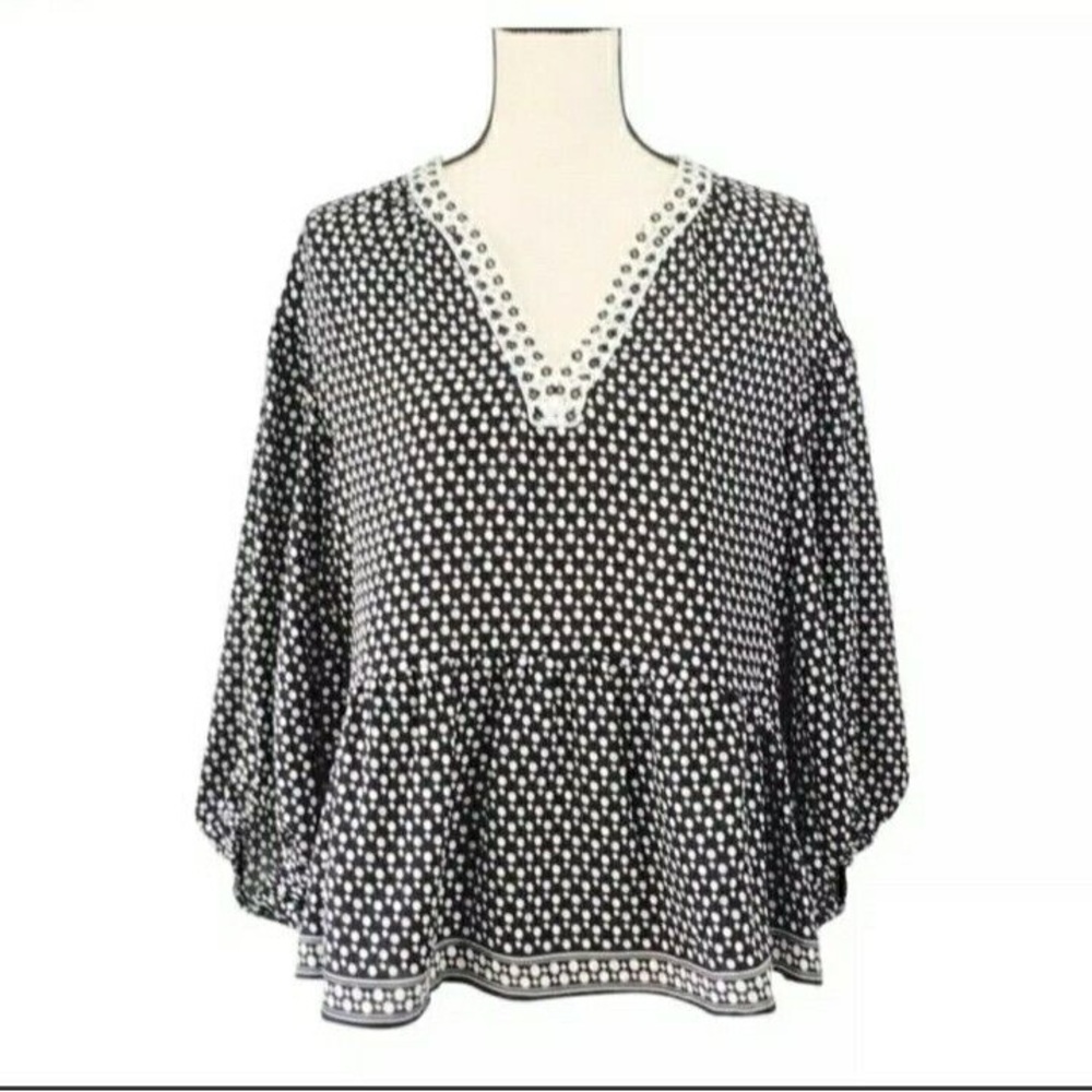 Max Edition Medium Womens Long Sleeve V-neck Blouse Black White Polka Dot 3X